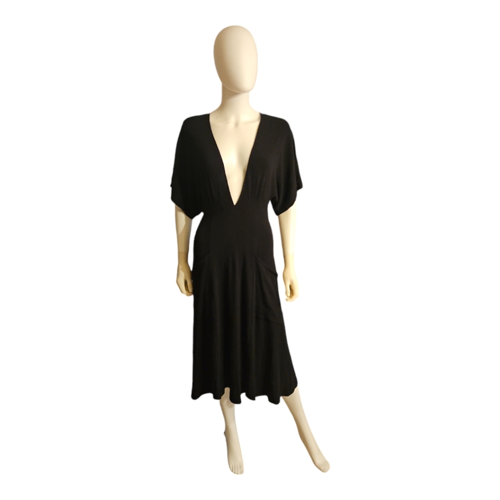 REFORMATION | Black Deep V Midi Dress in Size Small